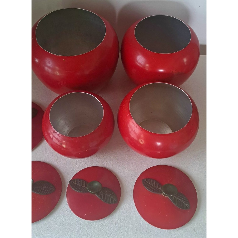Vtg Red Apple 4-Pc Aluminum Metal Cannister Set MCM Kitchen - Picture 5 of 10